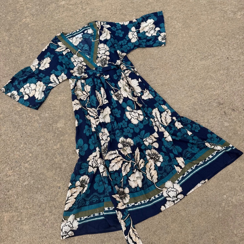 Sofia Jeans by Sofia Vergara Floral Faux Wrap Midi Dress Navy Teal Womens Medium - Picture 2 of 7